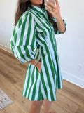 Color-Blocking Pintuck Vertical Striped Midi Dress