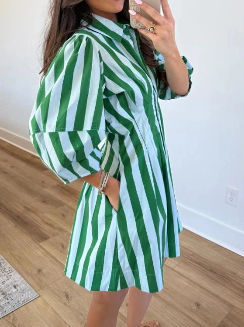 Color-Blocking Pintuck Vertical Striped Midi Dress