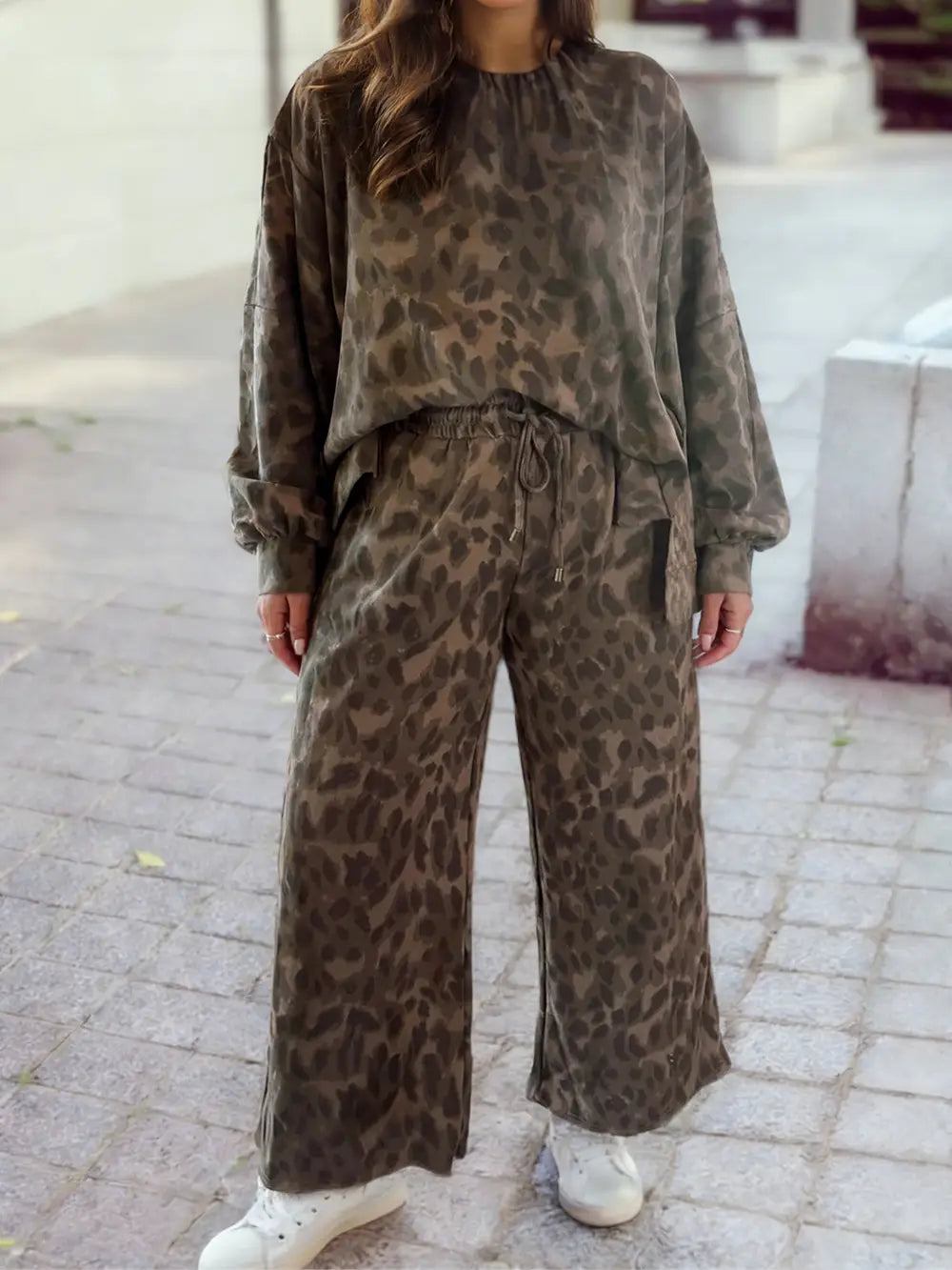 Brown Leopard Raw Seam Patchwork Pullover Drawstring Pant Set