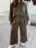 Brown Leopard Raw Seam Patchwork Pullover Drawstring Pant Set