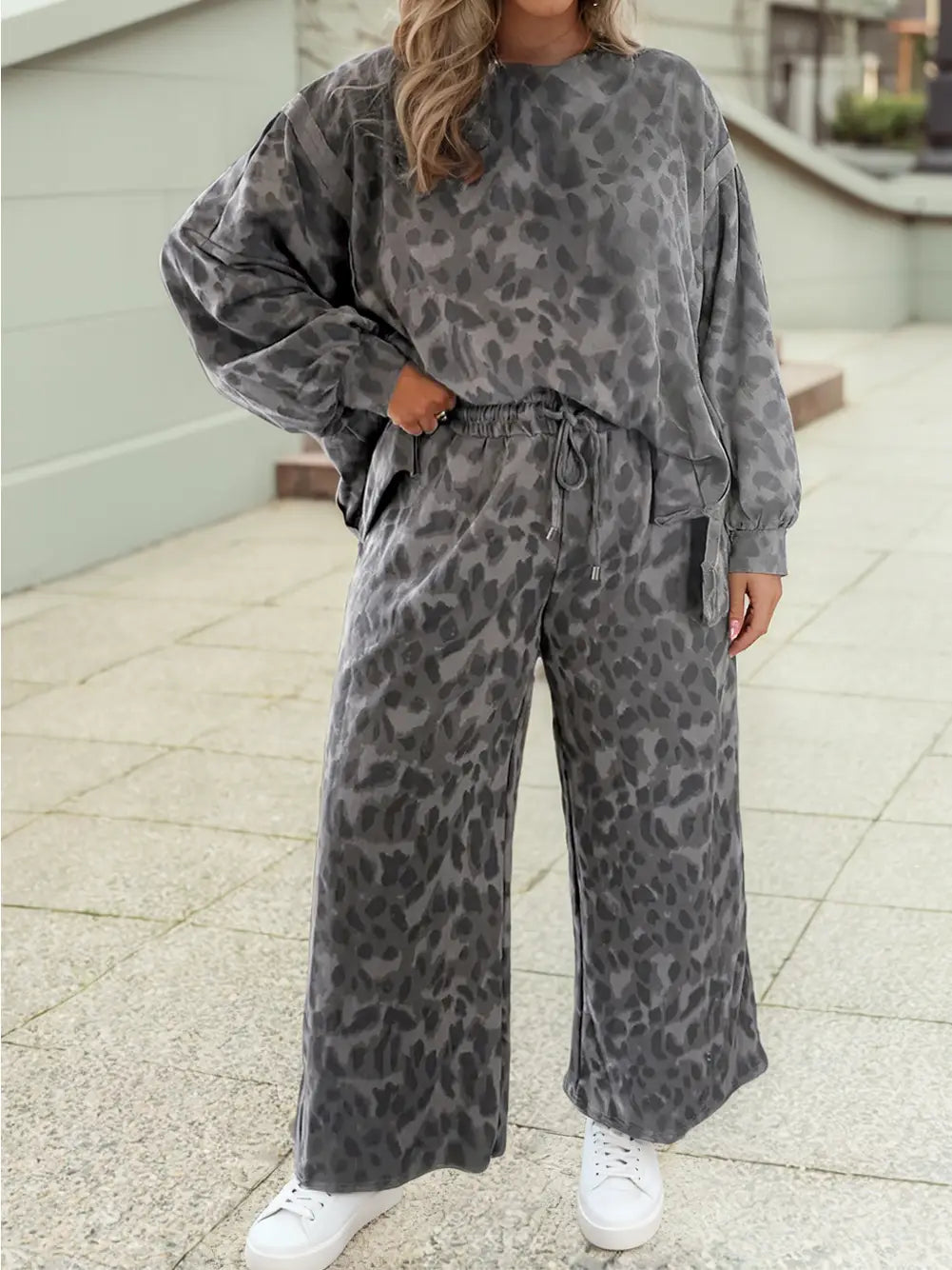 Grey Leopard Raw Seam Patchwork Pullover Drawstring Pant Set