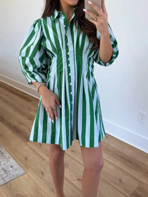 Color-Blocking Pintuck Vertical Striped Midi Dress